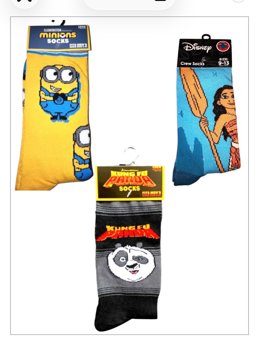Minions Yellow Crew Socks , Moana and Kung fu Panda - character sock set new